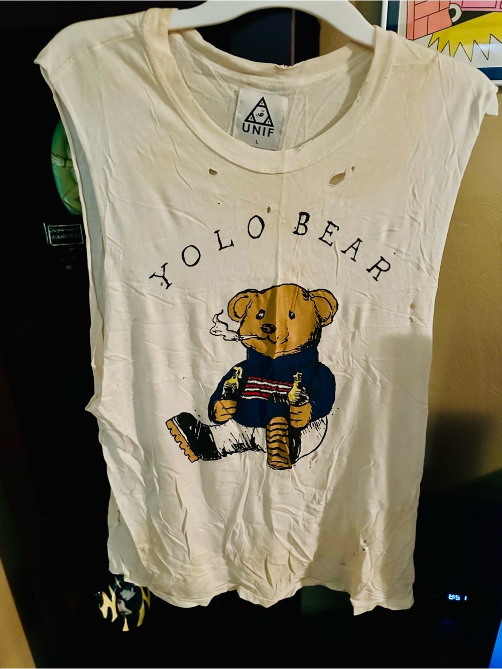 UNIF Cream Tank Top with Navy & Gold Bear Graphic